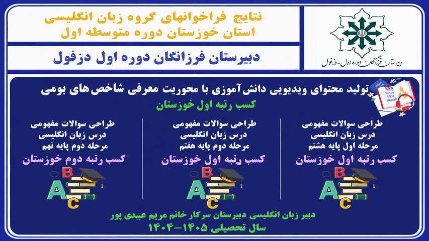 سب رتبه‌های برتر استانی در فراخوان‌های زبان انگلیسی دوره اول متوسطه استان خوزستان توسط سرکار خانم مریم عیدی‌پور